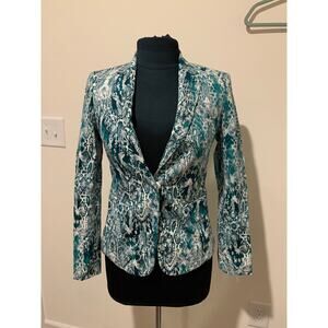Jones New York Womens Blazer Blue Green Snake Skin Long Sleeve Size 2 Stretch